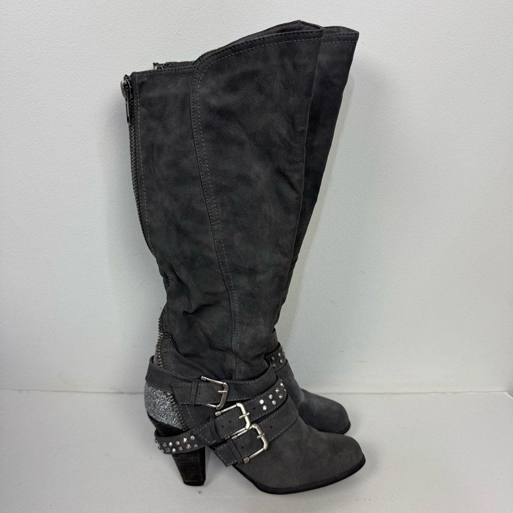 Studded Gray Knee-High Heel Boots - Women's Fashion